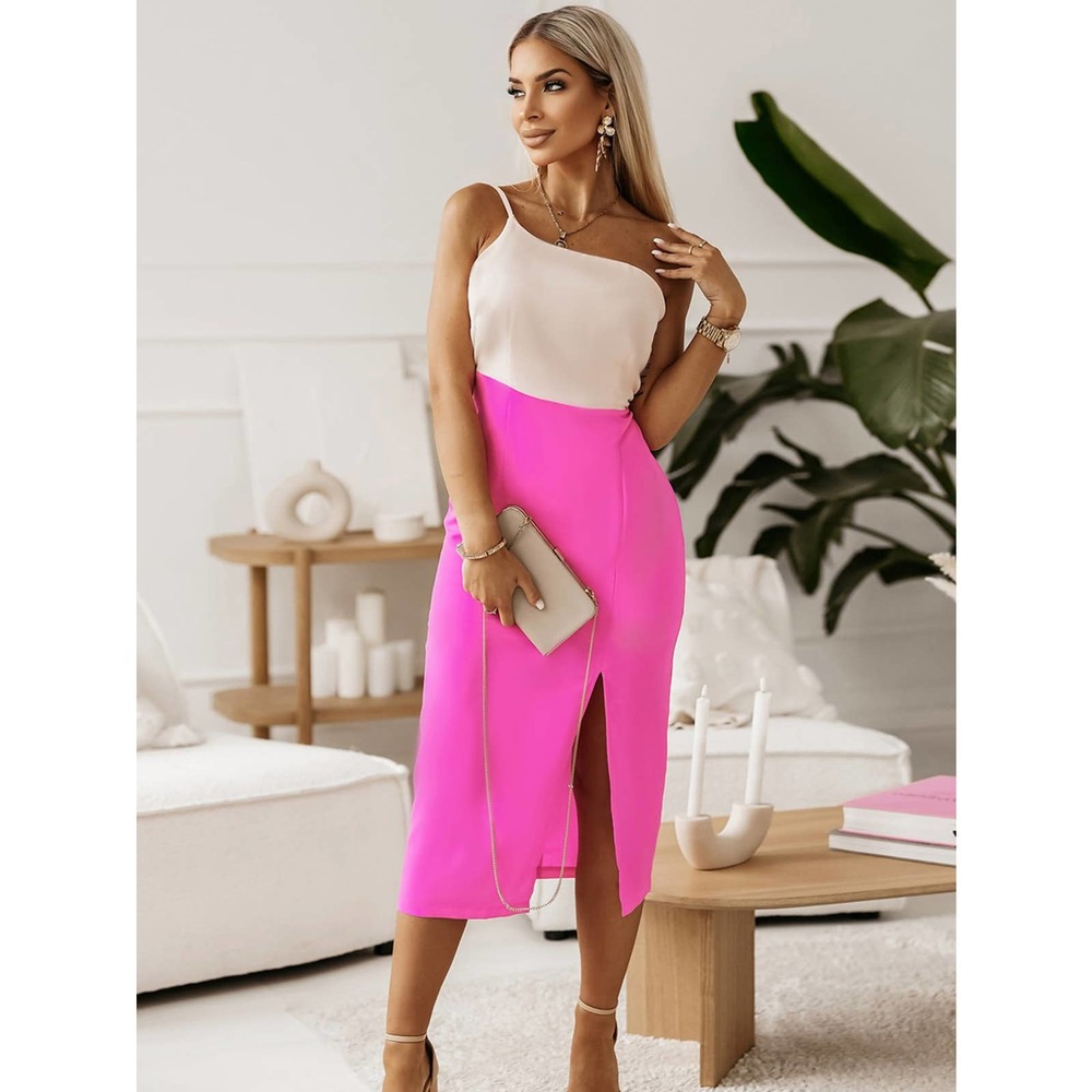 Two Tone Split Thigh One Shoulder Dress pink cream